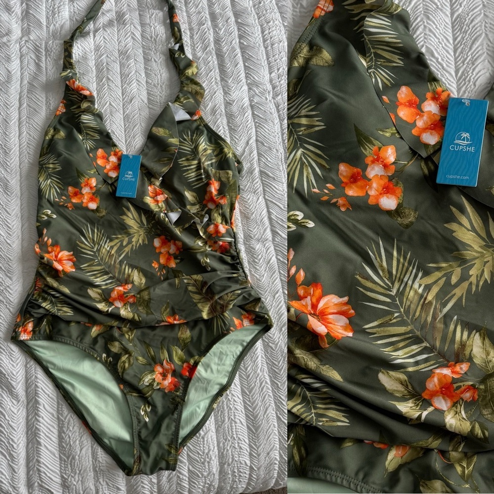 Women's CUPSHE Tropical Flutter Halter Tummy Control One-Piece Swimsuit (new) - Picture 4 of 8